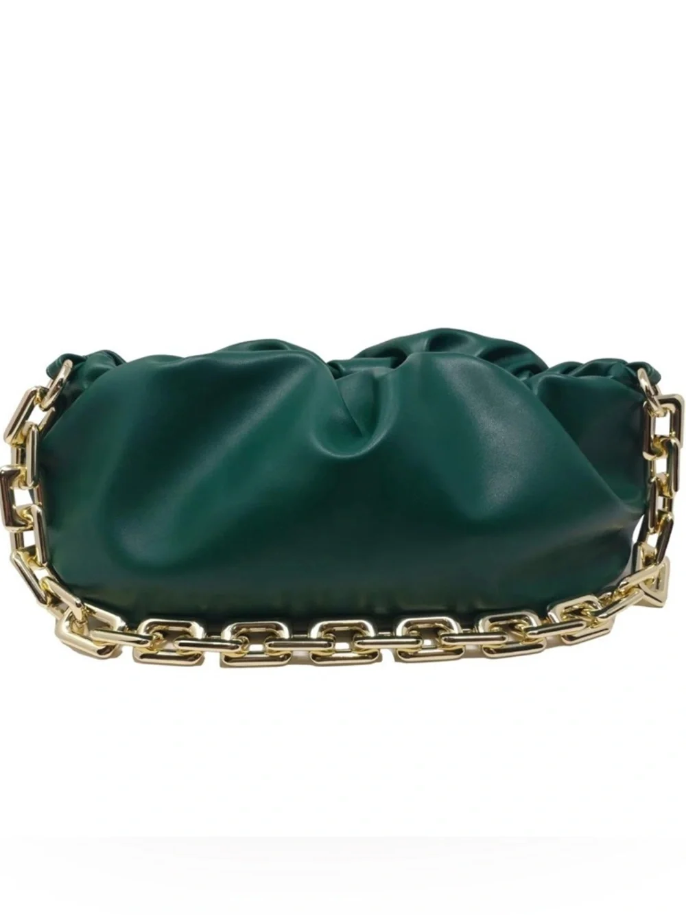 Cloud Shaped Dumpling Chain Ruched Pouch Clutch Purse Green with Chain Link